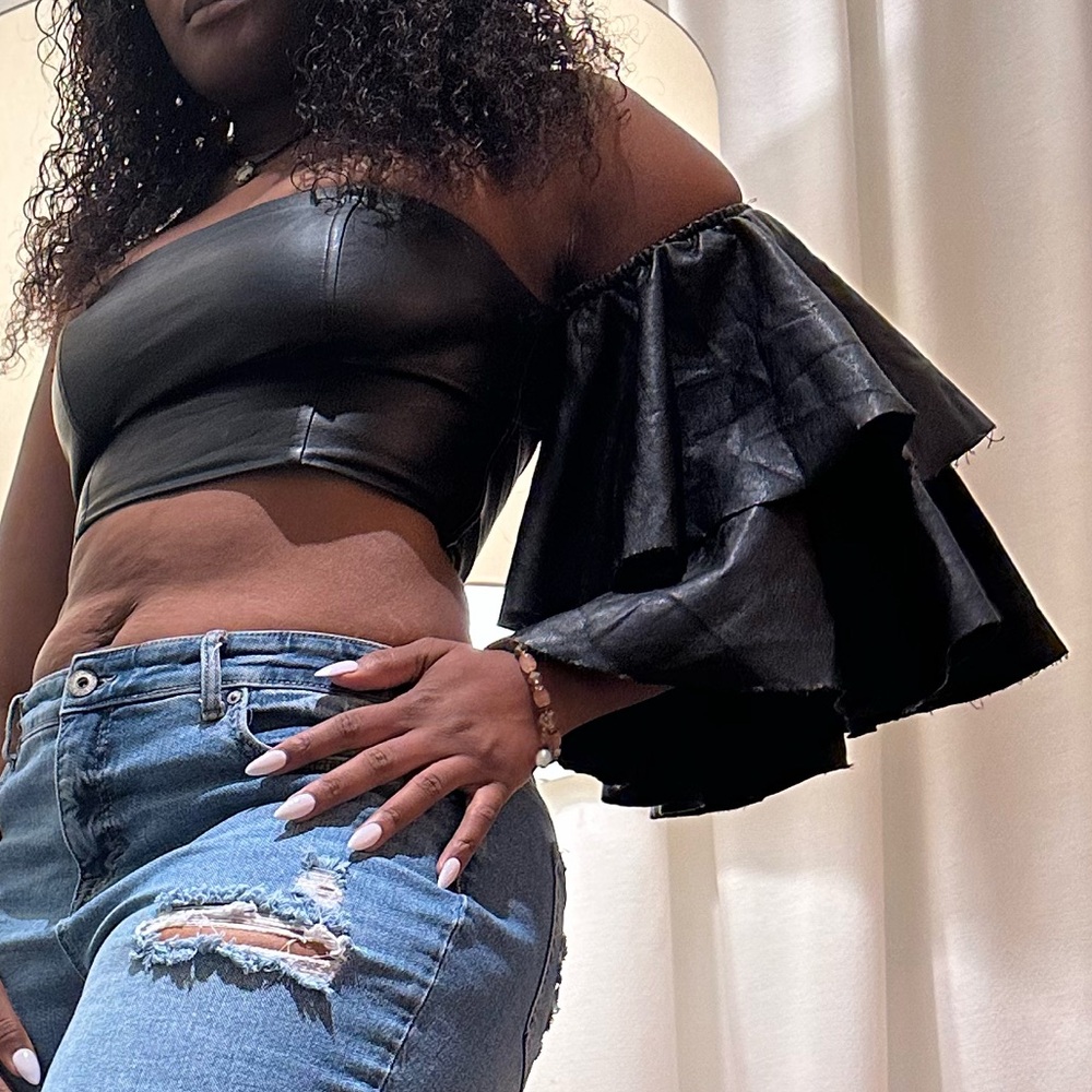 Black Leather crop tube top with one sleeves size S